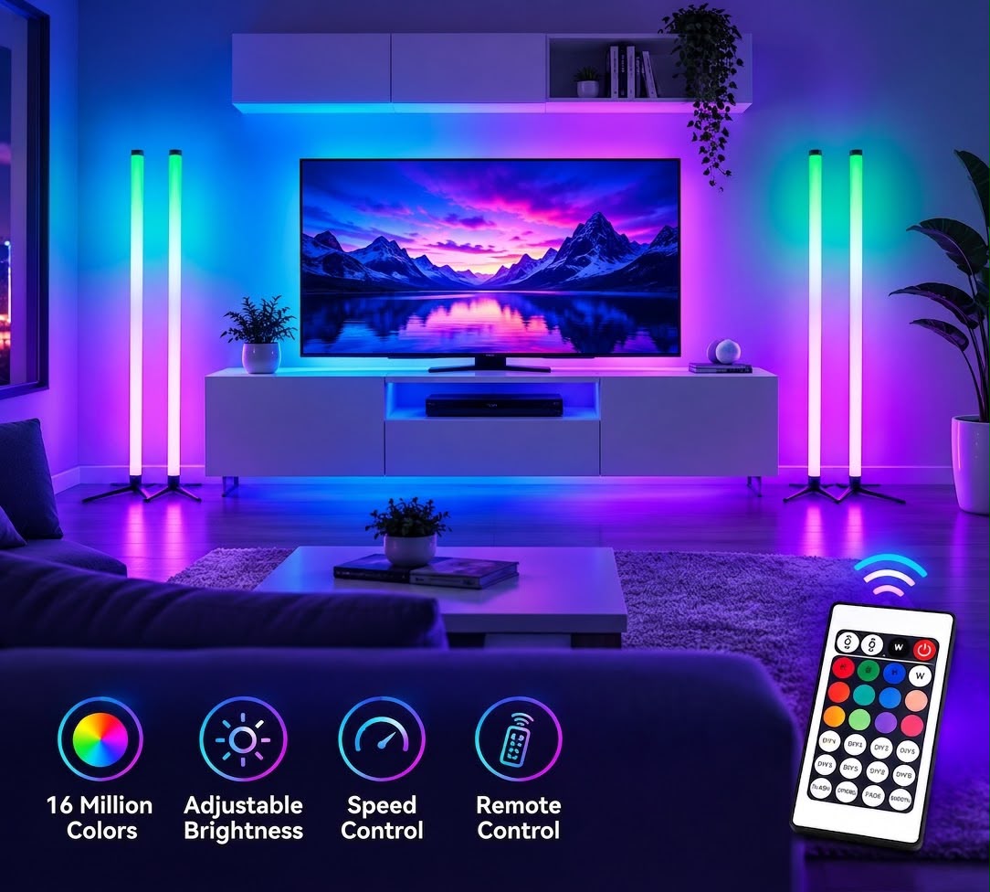 Lámpara de pie LED de 120cm, Luz de ambiente con sensor de sonido, con web app y mando a distancia
