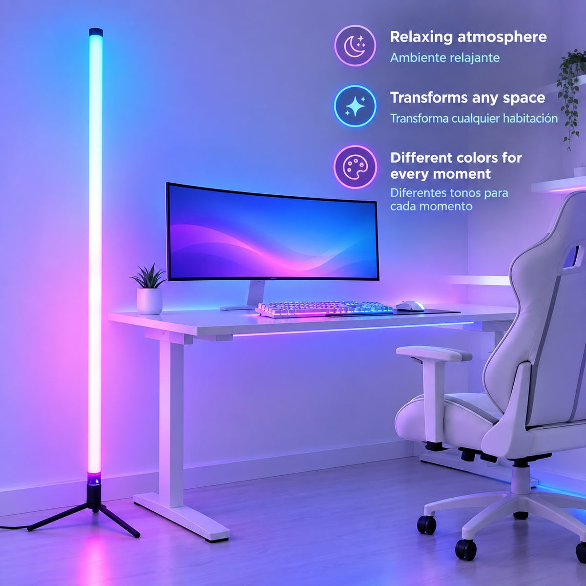 Lámpara de pie LED de 120cm, Luz de ambiente con sensor de sonido, con web app y mando a distancia